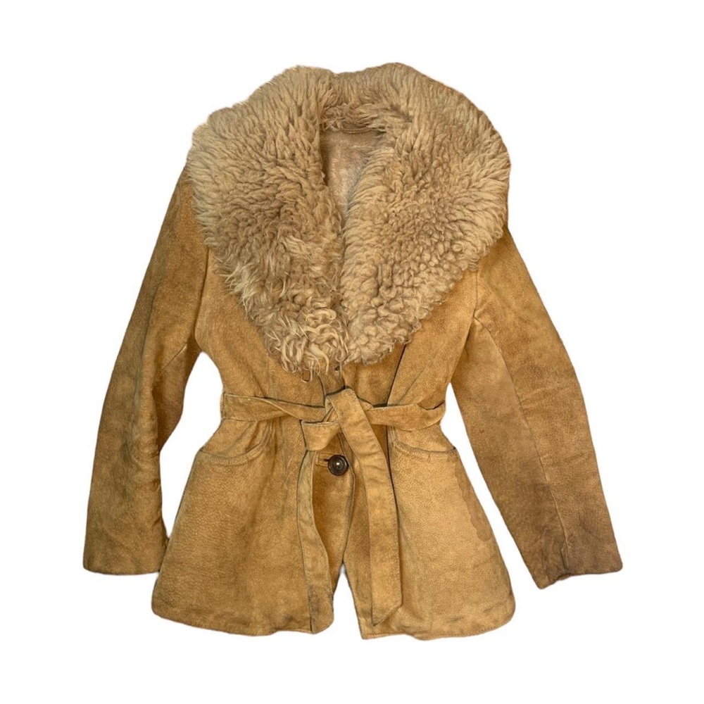 Cozy furry collar, suede leather “penny lane” coat in tan